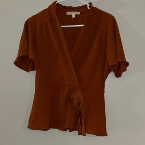 Brown Blouse with Tie Front and Wrap Style